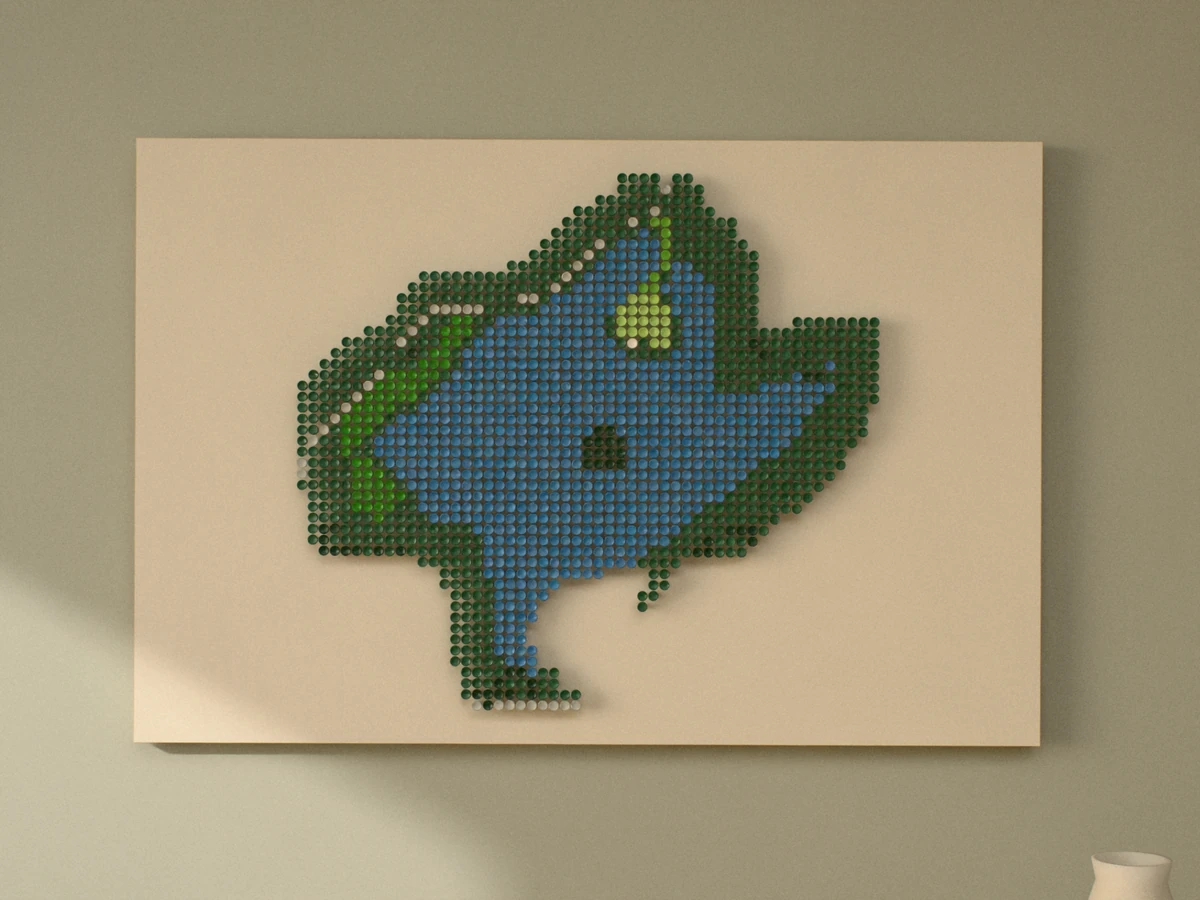 The whole piece straight on: blue water around a small light-green putting surface, framed by dark green trees, on an ivory panel.