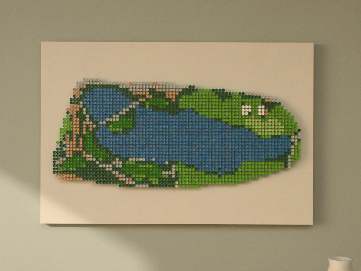 The whole piece straight on: a long blue lake from the tees on the left to a green with white bunkers on the right, on an ivory panel.