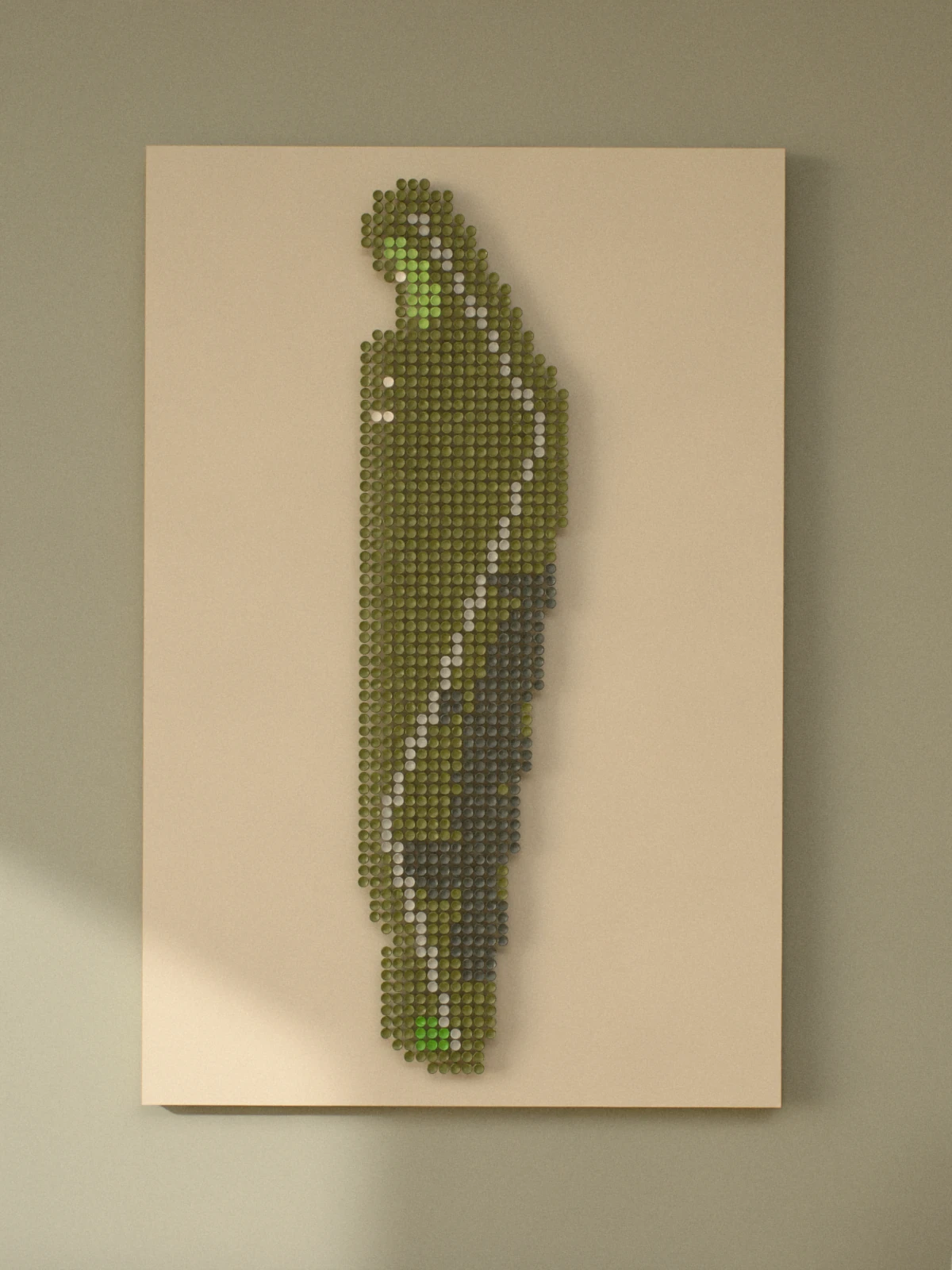 The whole piece straight on: a narrow par 4 running up the panel, with a pale road along its right side and the green at the top, on an ivory panel.