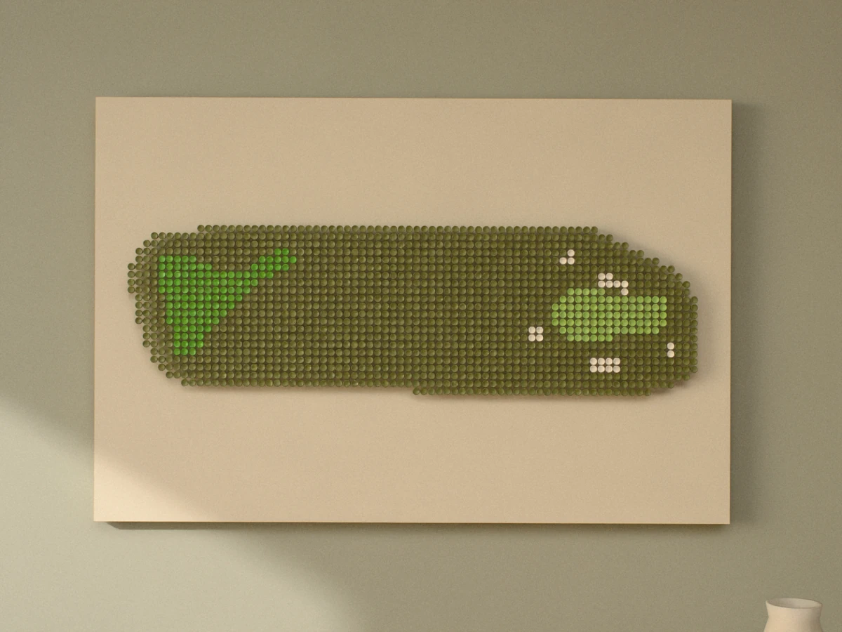 The whole piece straight on: olive rough, a bright green tee on the left and a small green ringed by white bunkers on the right, on an ivory panel.